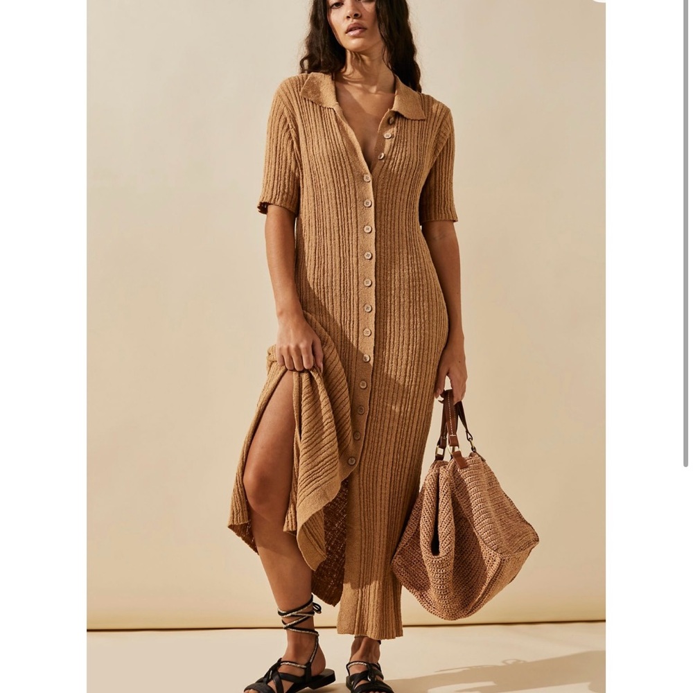 Free People Emerald Green Ribbed Beach Button-Down Dress
